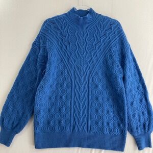 Talbots Sweater Large Blue Cable Knit Mock Neck Puff Sleeve Preppy Cozy